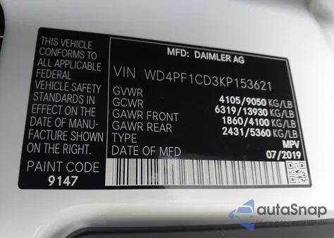 2019 Mercedes-Benz Sprinter 2500 High Roof V6 from USA, damaged, VIN WD4PF1CD3KP153621